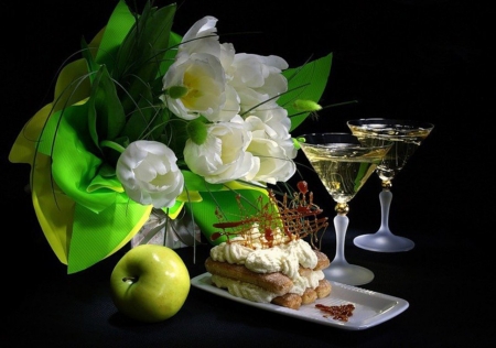 *Good Morning* - white, glasses, tulips, flowers, apple