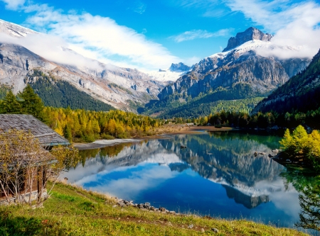 landscape with mountain and lake - trees, beautiful, tranquil, landscape, reflection, mountain, shore, mirror, view, cliffs, serenity, lake, sky, rocks