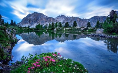 Mountain lake - lake, sky, mountain, hills, picnic, shore, lovely, reflection, pretty, tranquil, mirror, wildflowers