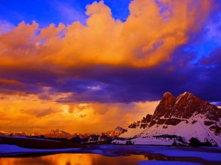 Lake in Reflection - clouds, sunset, nature, snow, lake, mountains, reflection, sky