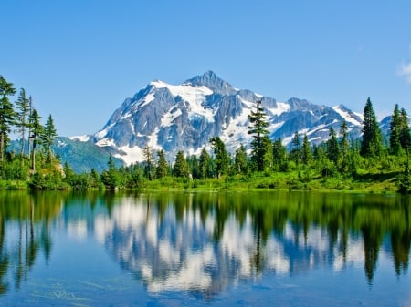 Reflecting Mountain - trees, snow, forest, reflection, sunset, nature, lake, mountains, sky