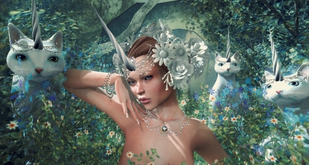 Unicorn lady - flower, game, girl, blue, unicorn, white, creature, susannedrechsler, fantasy, naminoke, luminos, woman, green