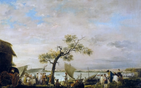 Views of the Lagoon of Albufera in Valencia - pictura, views of the Lagoon of Albufera in Valencia, people, Antonio Carnicero, painting, art, tree