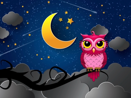 Good night! - moon, bird, yellow, blue, bufnita, night, pink, stars, owl, cloud, cute, card, luminos, sky, luna