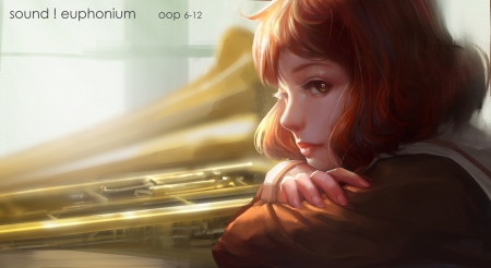 Oumae Kumiko - realistic, oop, redhead, girl, face, art, hibike euphonium, yellow, portrait, anime, orange, manga, oumae kumiko