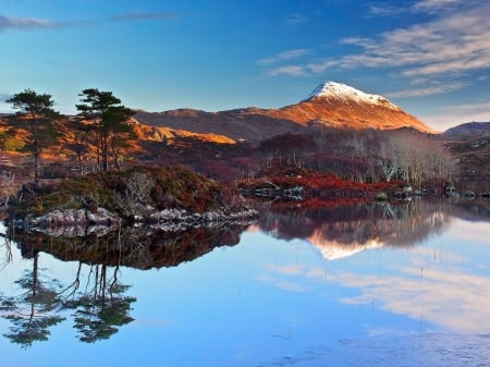 Reflecting Mountains - lake, trees, winter, mountains, sunset, nature, reflection, clouds, snow