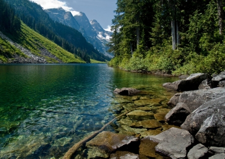 Mountains Landscape - river, stone, trees, nature, landscape, lake, forest, mountains