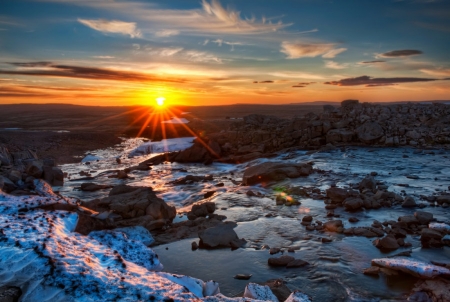 Evening Sun - nature, landscape, river, sun, clouds, rocks