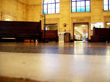 To Trains - ceiling, train, station, benches, glass, light, wooden, color