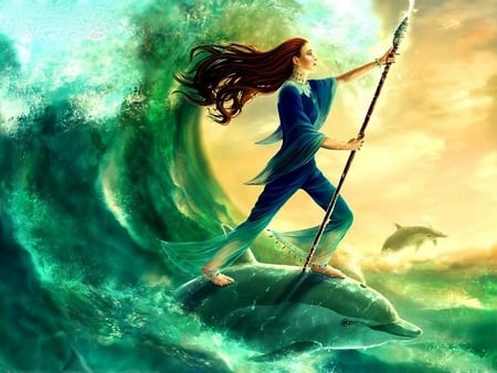 Friendly Sailing  - row, girl, ocean, happy, sailing, dolphins, fantasy, journey, wave