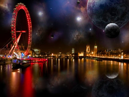 london at night - thames, planets, stars, places, london, fantasy, moons, other, london eye, london city, parliment, london nights, city