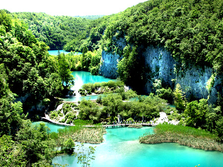 Croatian National Park Lakes Plitvice - national, people, blue, plitvice, aquamarine, paradise, sun, croatian, water, tourists, white, sunset, green, hrvatska, lakes, mountains, park