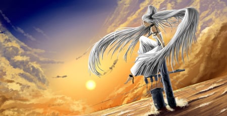 The chains are broken - vocaloid, anime, sunset, chains, twintails, hagane miku, flood, inundation