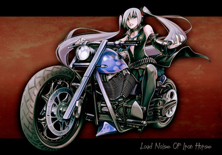 Hagane Miku - biker, hagane miku, twintails, vocaloid, chopper, anime