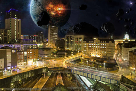  the city  willl be overcome - moon, planets, destruction, night, fantasy, other, abstract, uk, birmingham, city, lights