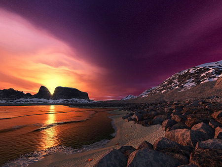 Rocky Sunset Beach - sunset, purple, beach, rocks, sky