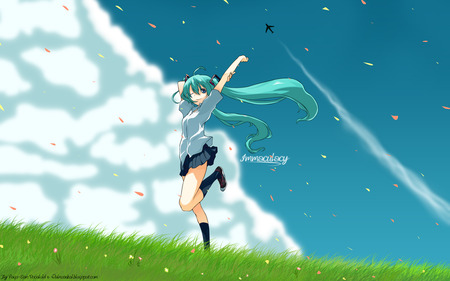 Miku Hatsune - clouds, airplane, vocaloid, smile, anime girl, miku, grass