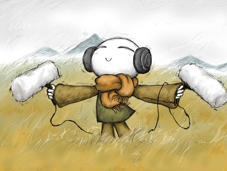 Listening to Natures Music - person, headset, cartoon, field, scarf, microphones, character