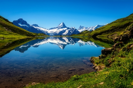 Mountain reflections - reflections, hills, beautiful, grass, mountain, mirror, tranquility, serenity, lake, sky