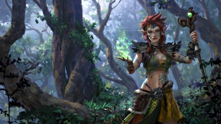 Forest guardian - forest, tyleredlinart, fantasy, magical, temple guardian, girl, green