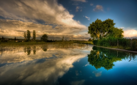 Sunset Reflections - lake, water, landscape, clouds, trees