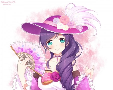 Toujou Nozomi - toujou nozomi, fan, love live school idol project, hat, girl, white, purple, pink, anime, moorina, manga