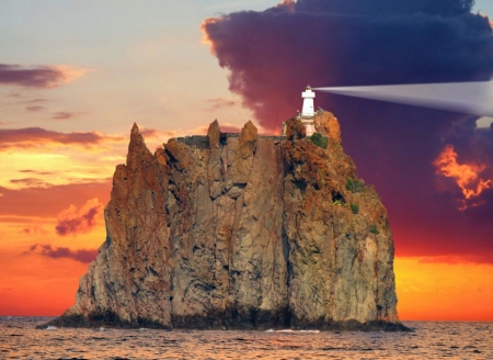 Stromboli Lighthouse - sky, cliff, island, sunset, colors