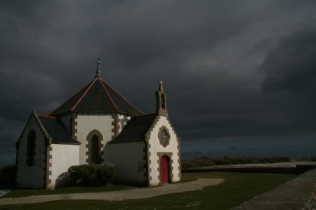 White Church - archtecture, clouds, white, nature, seclusion, church, dark, sky