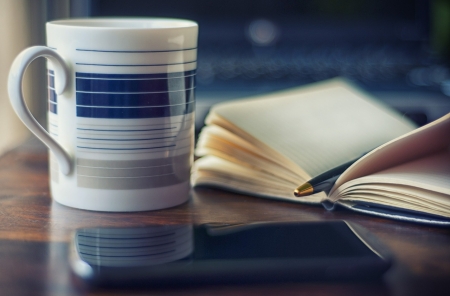 Blue Mug of Coffee - book, morning, coffee, pen, mug, blue