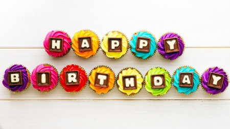 Happy Birthday! - rainbow, cupcake, card, colorful, birthday