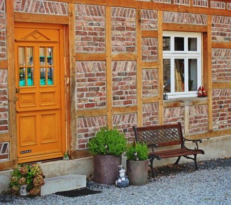 Backyard Place - flowers, backyard, door, window, bench, place, yard