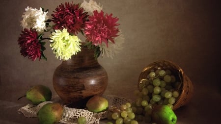 Still Life - bouquet, pitcher, pear, grapes