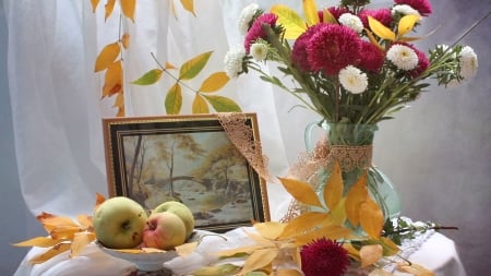 Still Life - bouquet, apple, leave, autumn