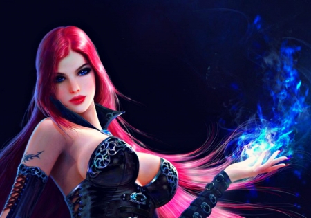 Sorceress - sorceress, game, blue, girl, beauty, pink, frumusete, black, fantasy, hand, woman, luminos