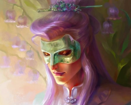 Jade mask - flower, pink, man, vampire, fantasy, purple, green, jade mask, face, HRFleur, luminos