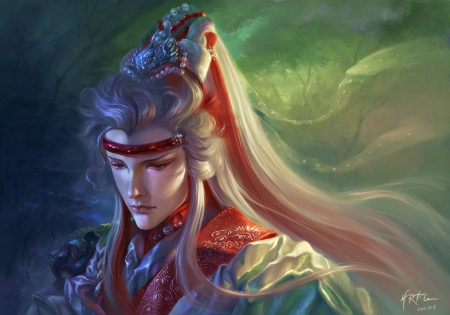 Huang-Quan - man, fantasy, red, green, HRFleur, art, asian, luminos, huang-quan