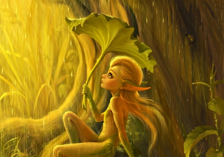 Dryad - yellow, girl, forest, creature, elf, fantasy, umbrella, aneteya, green, dryads, rain, fairy, leaf