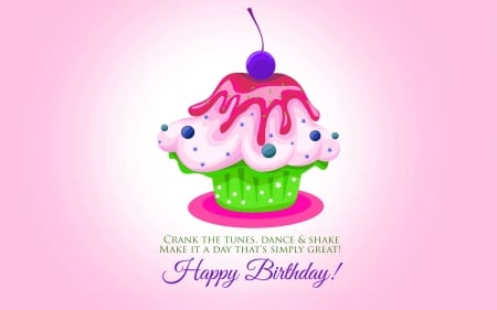 Happy Birthday! - cupcake, cherry, food, pink, sweet, birthday, white, purple, green, dessert, card