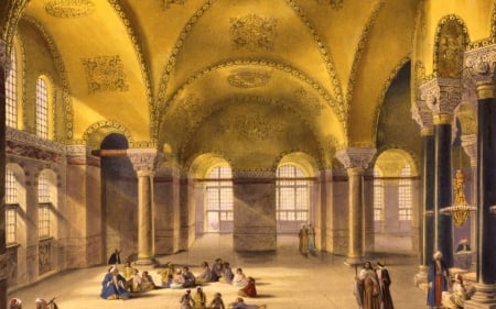 Hagia Sophia - yellow, people, Turkey, interior, church, hagia sophia, pictura, painting, art