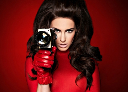 Jessica Lowndes - camera, woman, red, girl, Jessica Lowndes, glove, actress