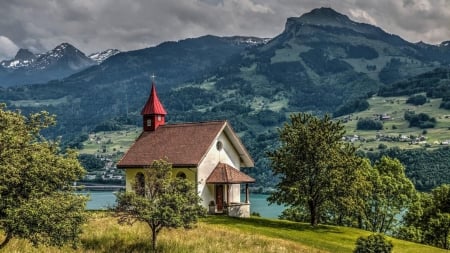 lovely church on a hill overlooking a river hdr - mountains, hill, river, church, hdr