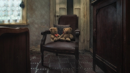 teddy bears on a chair in neglected room hdr - interiors, teddy bears, room, hdr, chairs, neglected