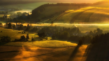 magical morning time over a valley hdr - morning, fields, hill, valley, hdr, farms, sunrise, mist