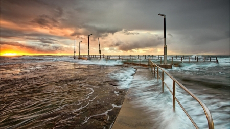 sea waves overflowing pier at sunset hdr - pier, rails, lamps, hdr, sunset, sea, waves