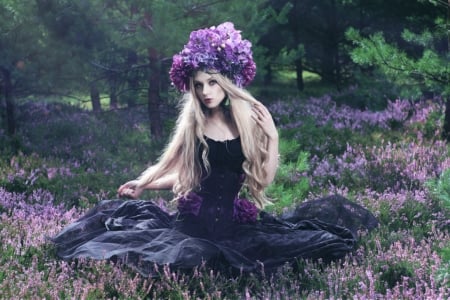 â™¥ - forest, purple, beauty, model, flowers, girl, lady, photography, field