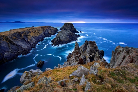 Sea rocks - coast, beautiful, evening, landscape, sea, ocean, shore, view, waves, dusk, sky, rocks