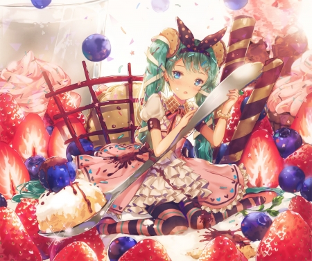 Hatsune Miku - spoon, vocaloid, blue, dangmill, girl, berry, hatsune miku, sweet, red, cute, dessert, cake