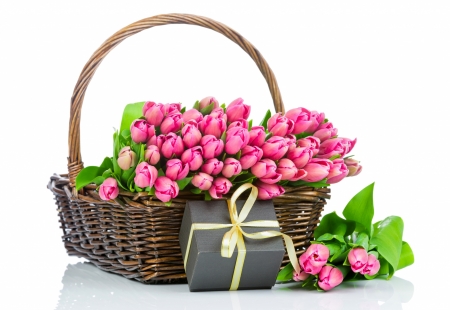 Happy Mother's Day! - gift, day, mother, basket, spring, white, box, pink, green, card, tulip, flower