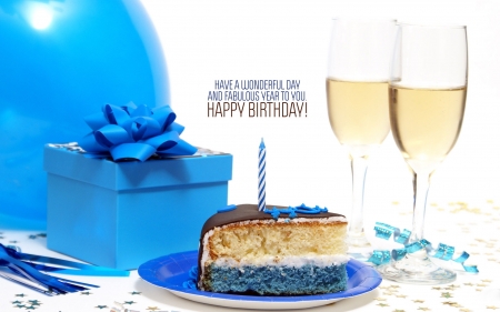 Happy Birthday! - glass, birthday, blue, white, card, box, bow, wine, gift, cake