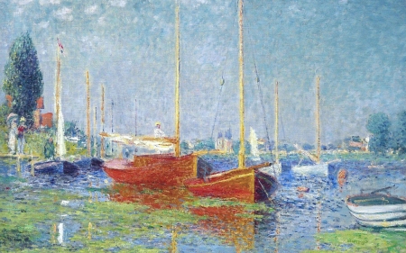 Argenteuil Yachts - argenteuil yachts, water, summer, painting, art, red, blue, pictura, green, impressionism, claude monet